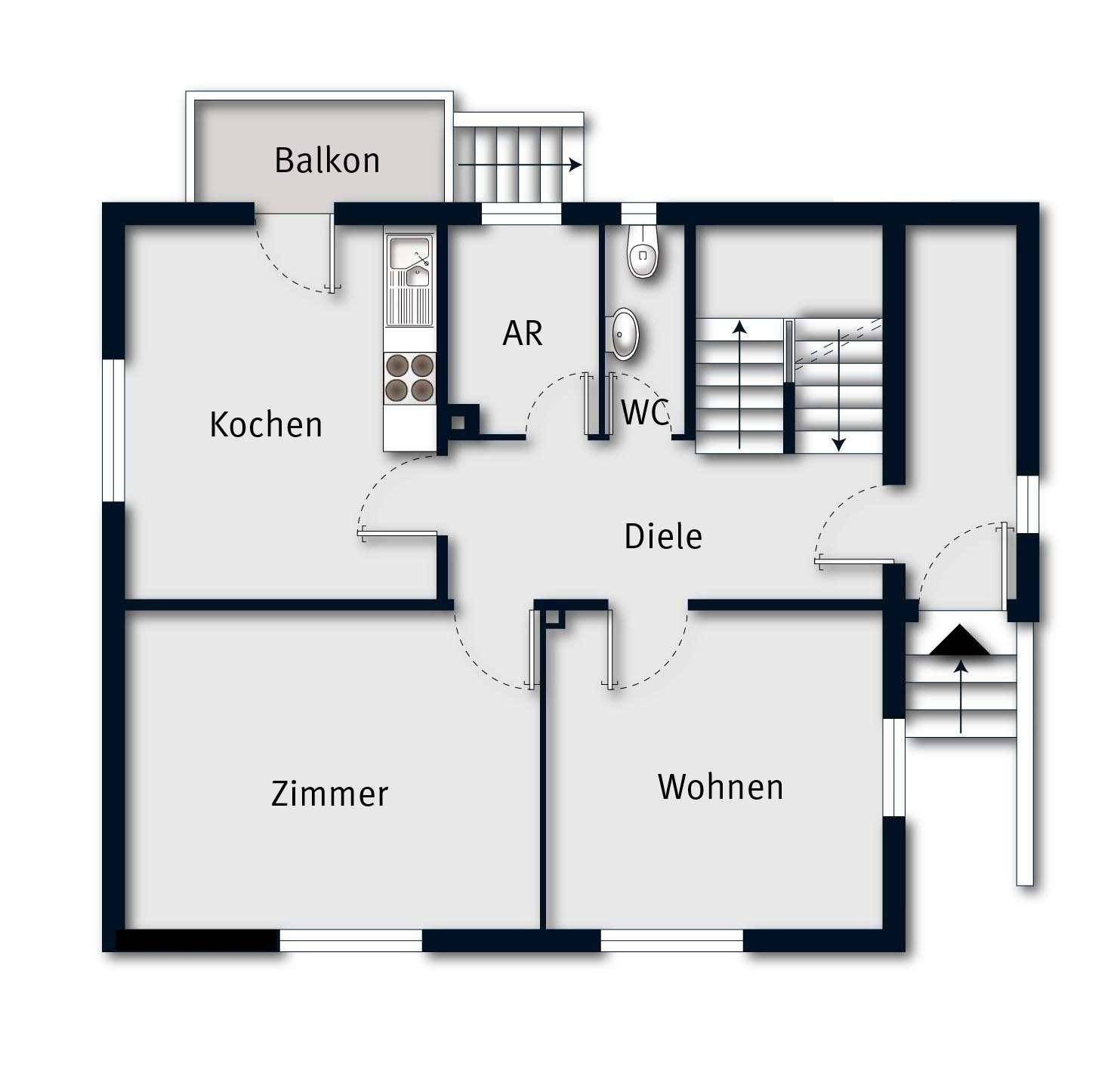 Grundriss des Erdgeschosses mit Küche, Wohnzimmer, Zimmer und Balkon.