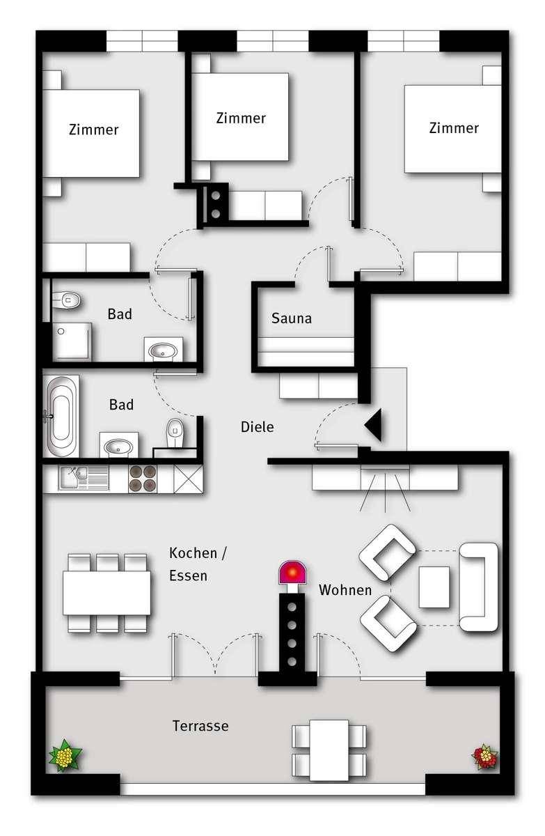 Grundriss mit drei Zimmern, zwei Bädern, Sauna, offenem Wohnbereich und Terrasse.
