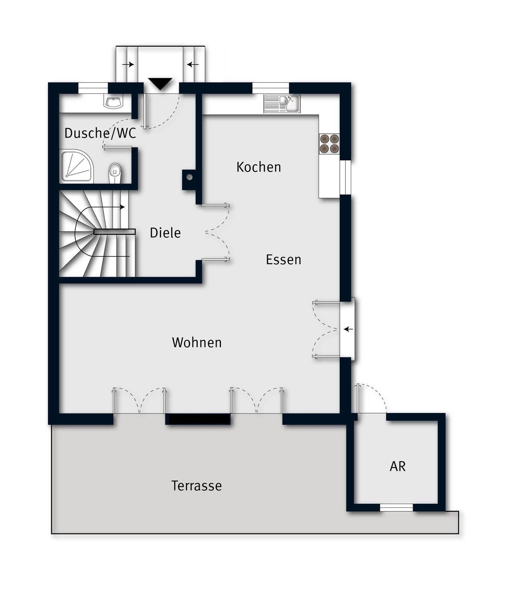Grundriss des Erdgeschosses mit offenem Wohn-, Ess- und Küchenbereich sowie großer Terrasse.