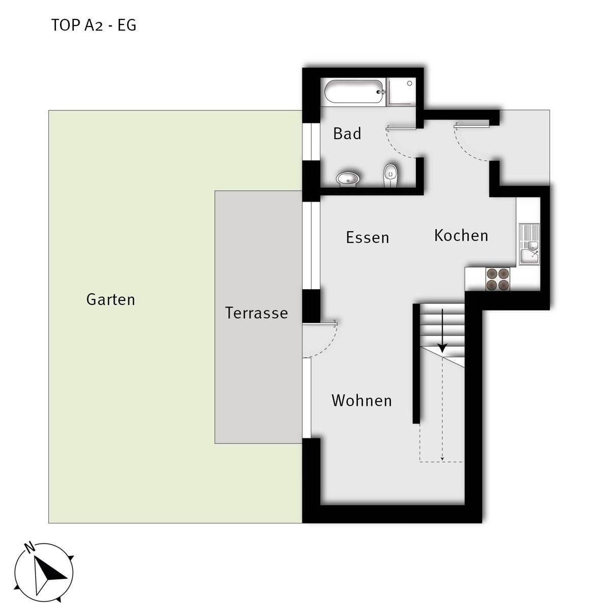 Grundriss des Erdgeschosses der Wohnung A2 mit Wohnbereich, Küche, Essbereich, Bad, Terrasse und Garten.