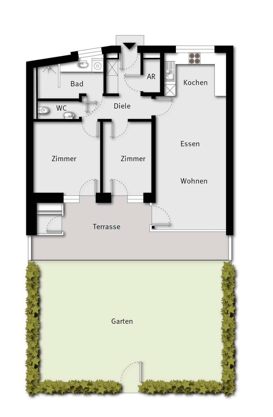Grundriss einer Wohnung mit offenem Wohnbereich, zwei Zimmern, Bad, WC, Terrasse und Garten.