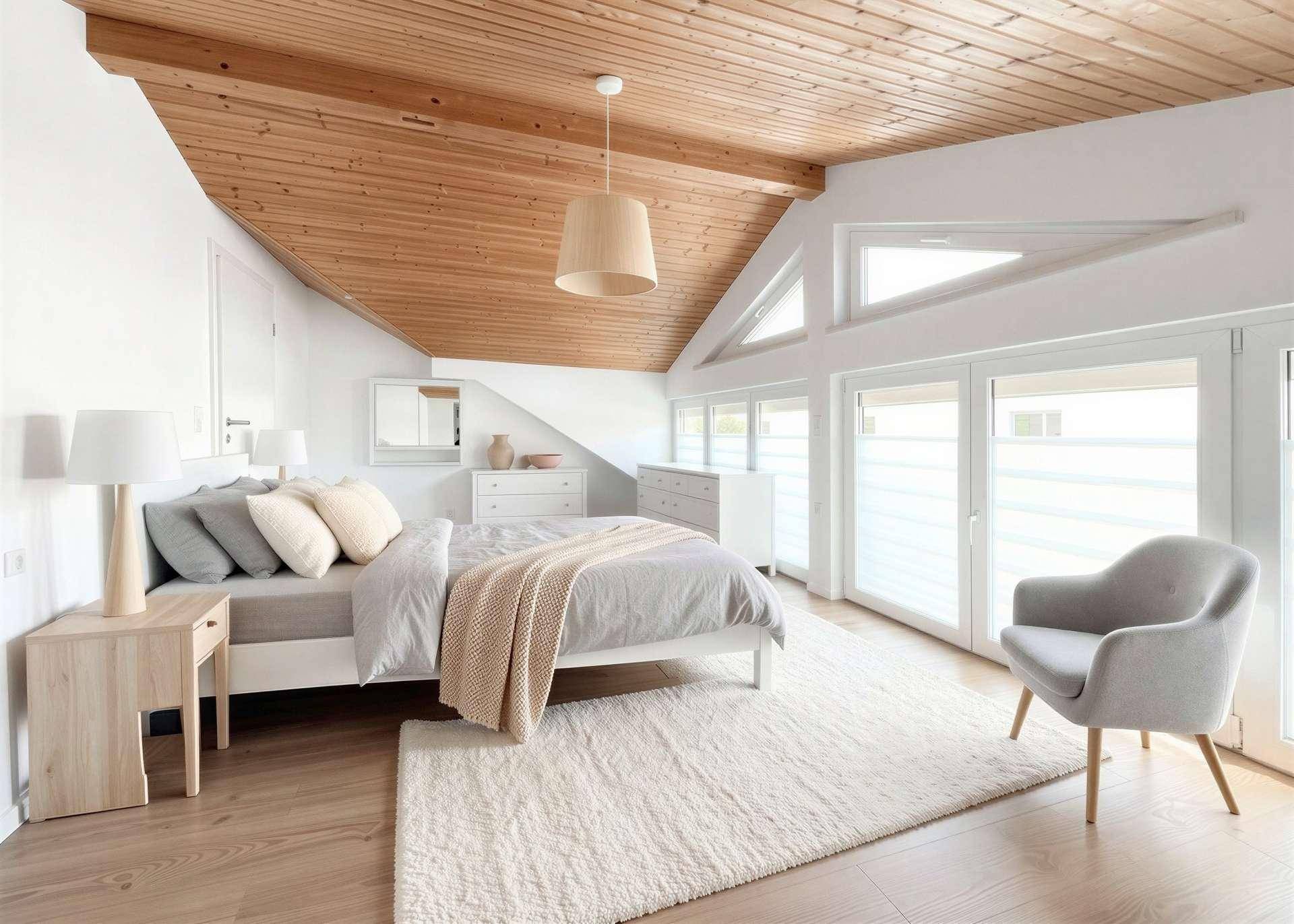 Helles Schlafzimmer mit Holzbalkendecke, großen Fenstern und Dachschrägen.