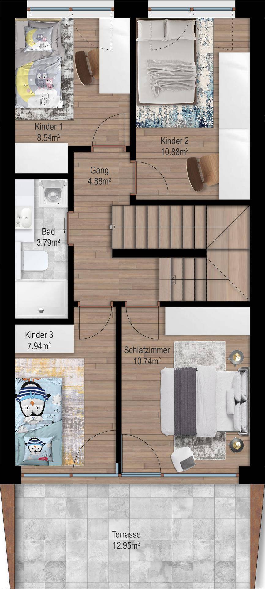 Grundriss des Obergeschosses mit drei Schlafzimmern, Bad und Terrasse.