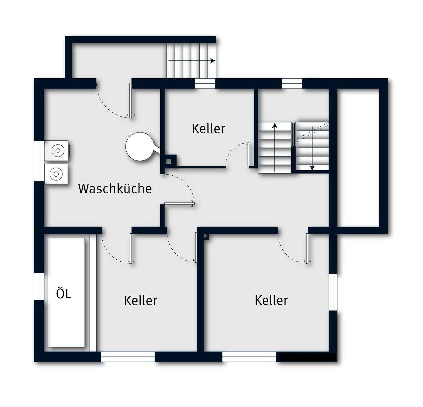 Grundriss des Kellergeschosses mit Waschküche und mehreren Kellerräumen.