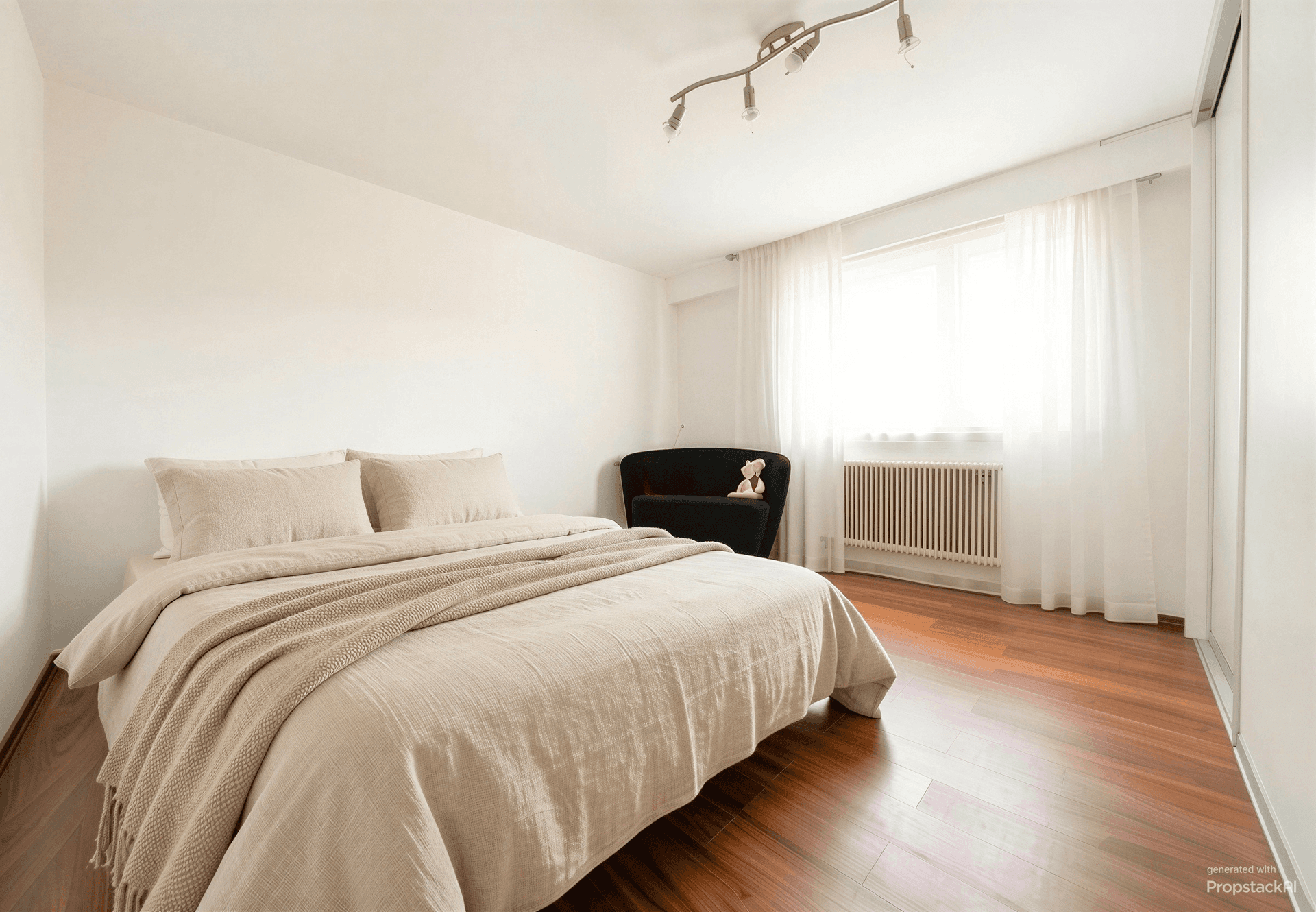 Schlafzimmer mit Holzboden, Doppelbett und einem kleinen Sessel am Fenster.
