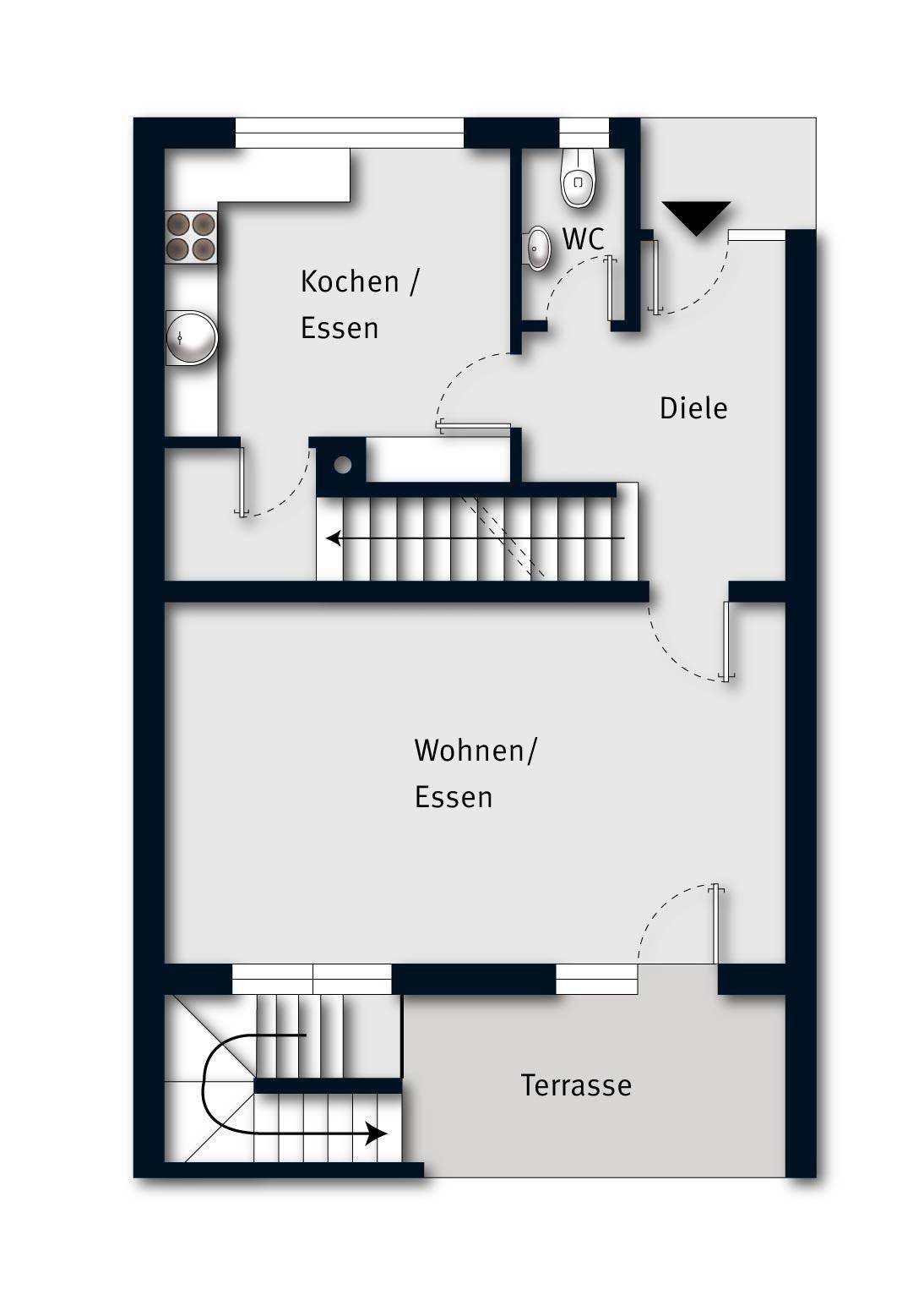 Grundriss des Erdgeschosses mit offener Küche, großem Wohn-Essbereich und Zugang zur Terrasse.
