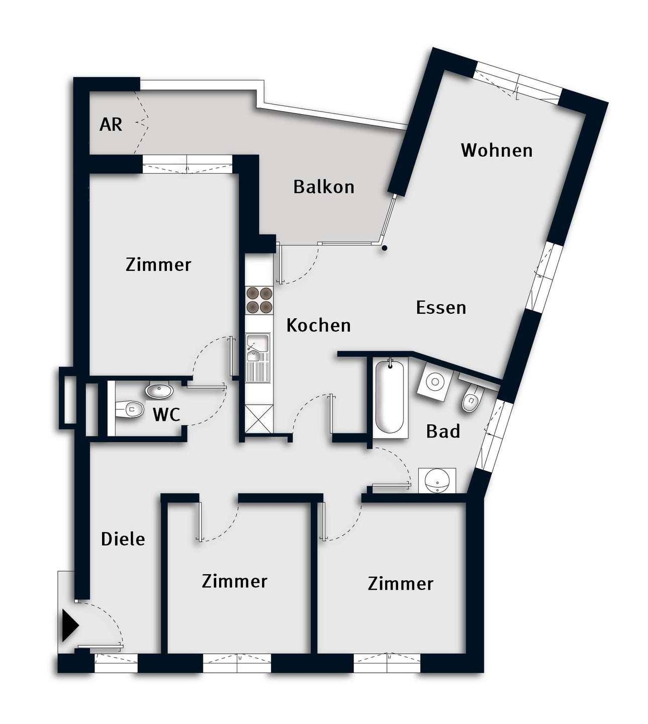Grundriss der Wohnung mit drei Zimmern, Küche, Bad, WC und Balkon.