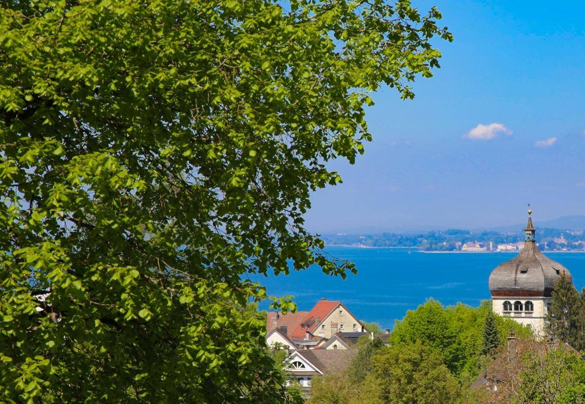 Panoramablick auf den See und einen historischen Kirchturm, umgeben von üppigem Grün.