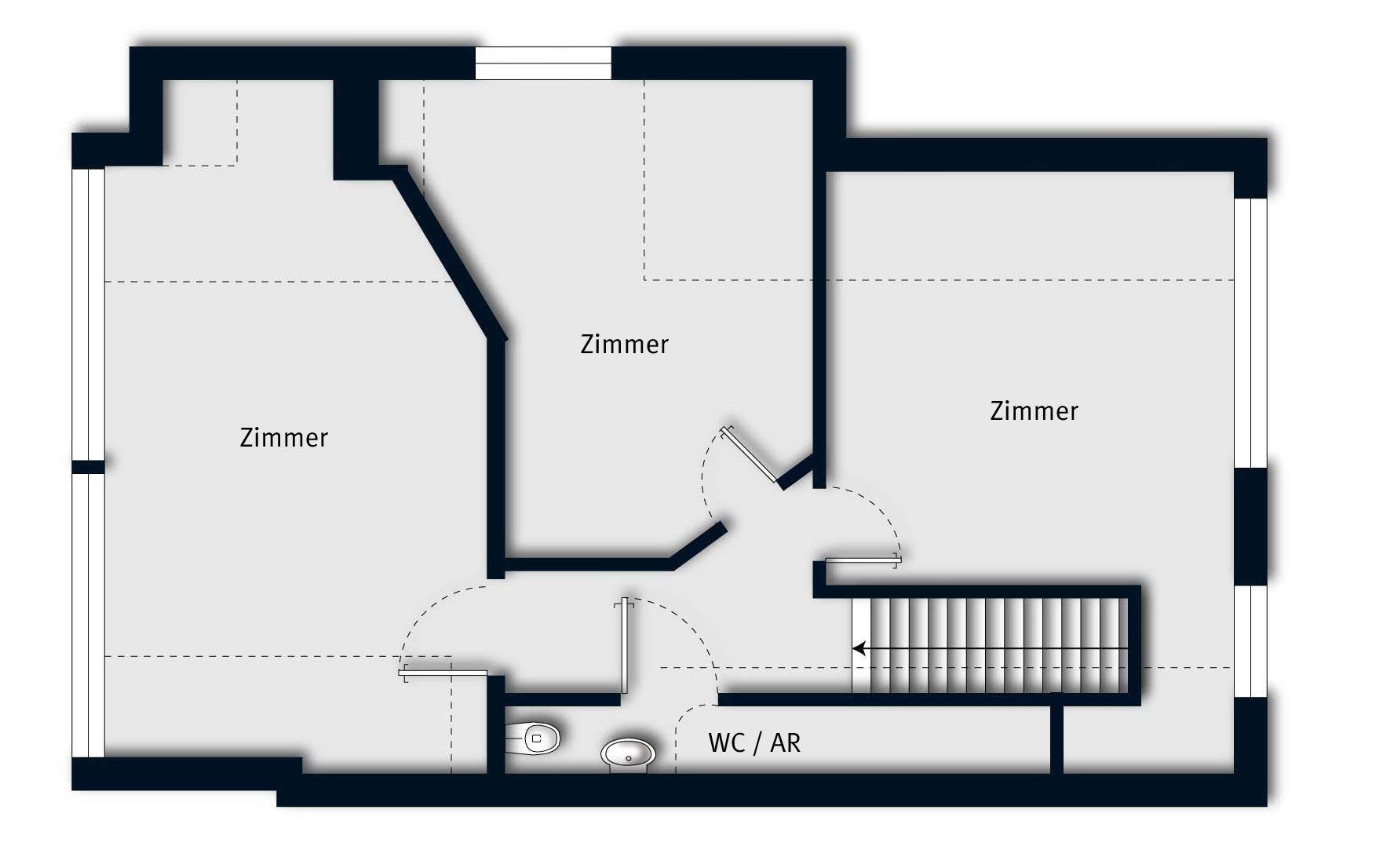 Grundriss des Obergeschosses mit drei Zimmern und einem WC/Abstellraum.