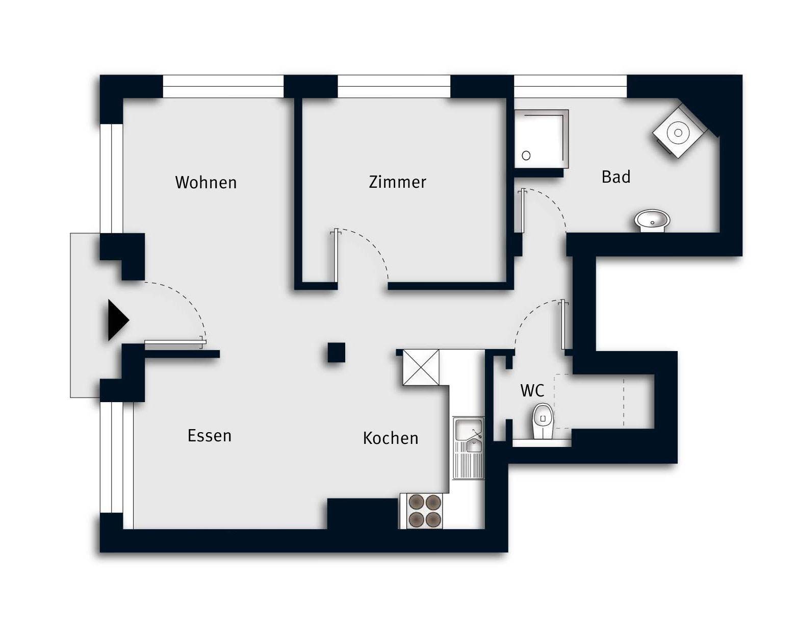 Grundriss mit Küche, Essbereich, Wohnzimmer, Zimmer, Bad und WC.