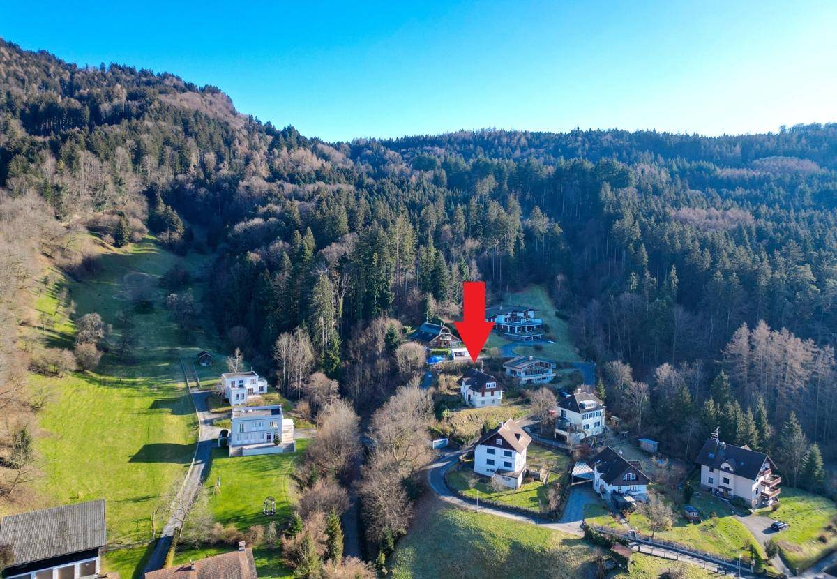 Luftaufnahme einer Wohnsiedlung am bewaldeten Hang mit Blick auf die umliegende Natur.