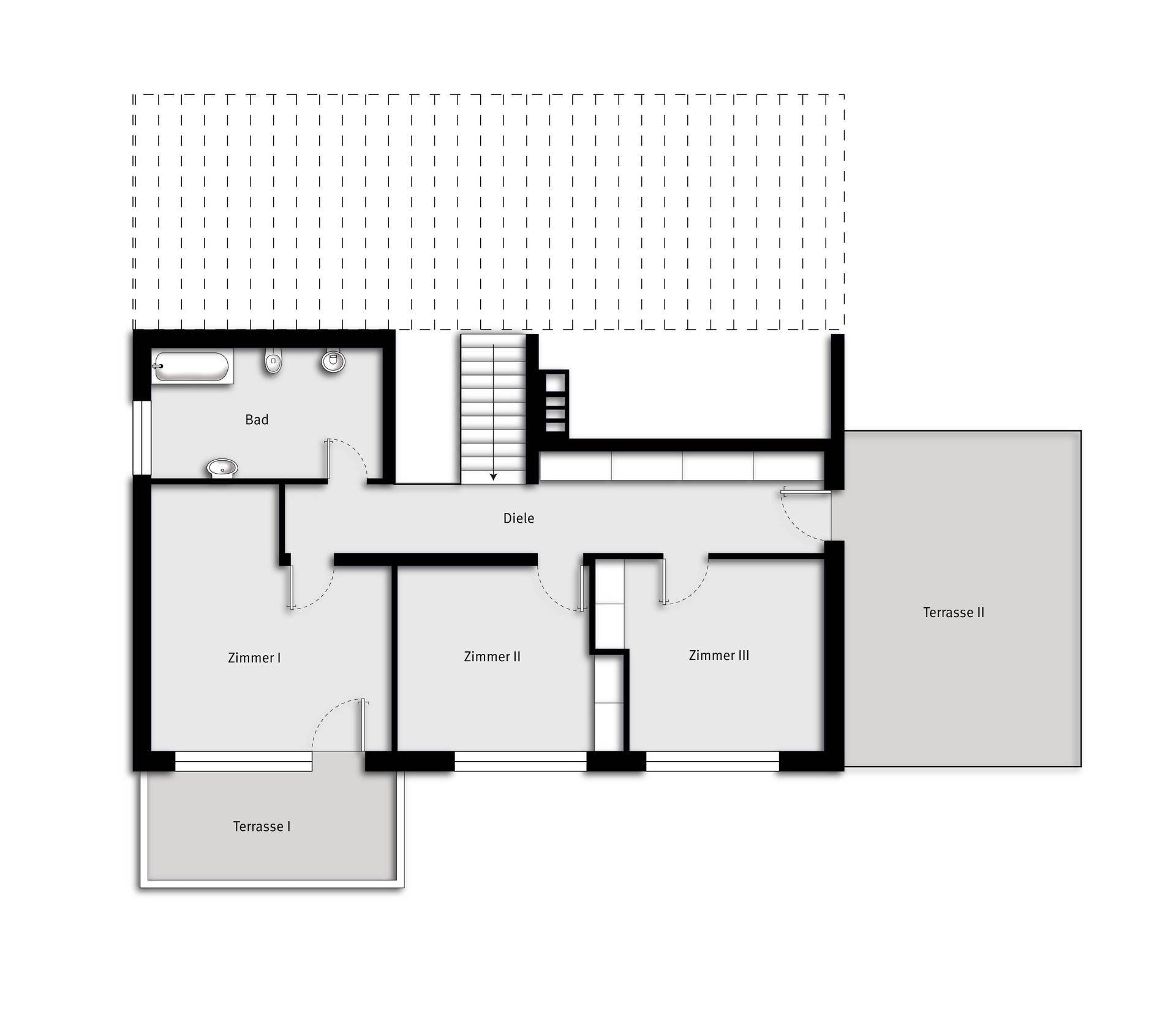 Grundriss des Obergeschosses mit drei Zimmern, Bad und zwei Terrassen.