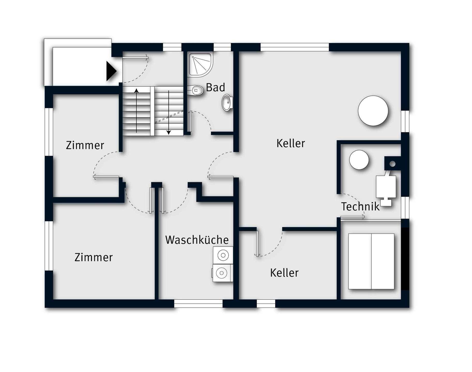 Grundriss des Untergeschosses mit zwei Zimmern, Waschküche, Bad, Kellerbereichen und Technikraum.