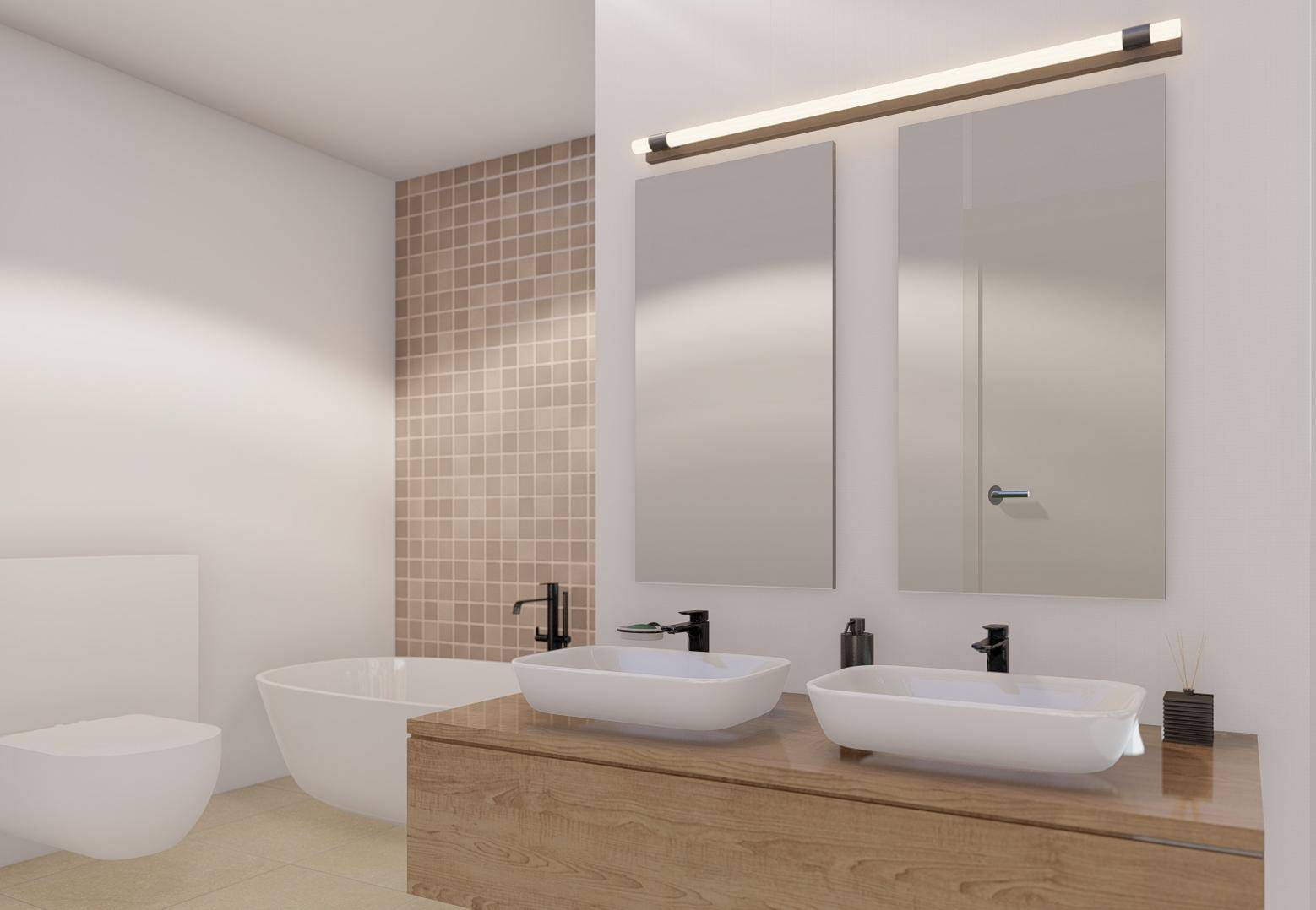Modernes Badezimmer mit Doppelwaschbecken, freistehender Badewanne und Wand-WC.