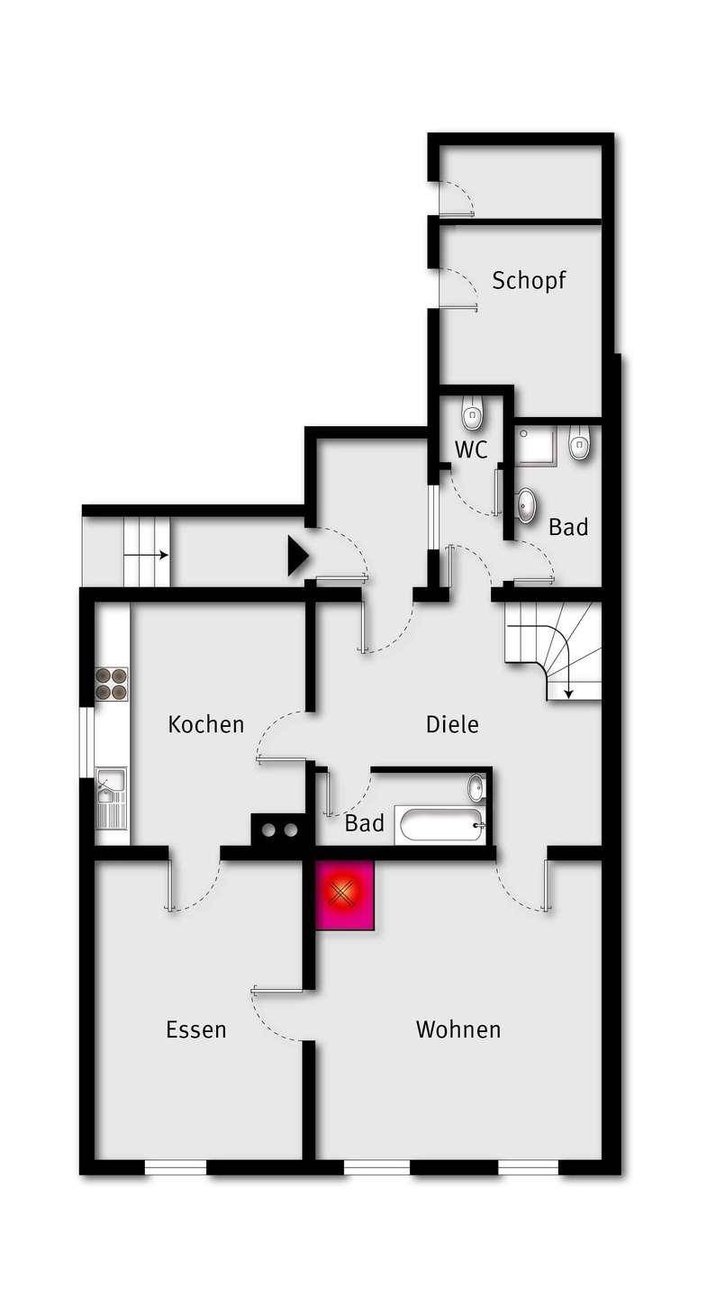 Grundriss des Erdgeschosses mit Küche, Ess- und Wohnbereich, Diele, zwei Bädern und separatem WC.