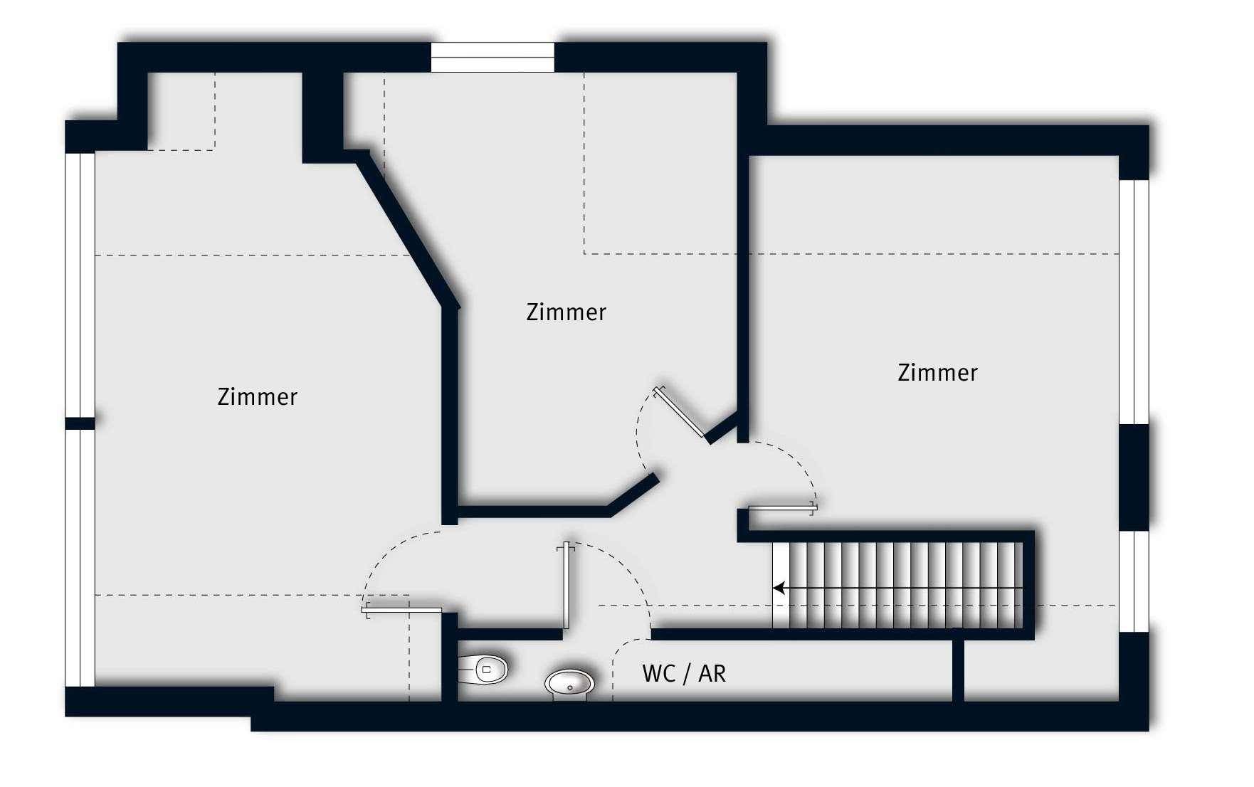 Grundrissplan des Obergeschosses mit drei Zimmern, WC und Dachschrägen.