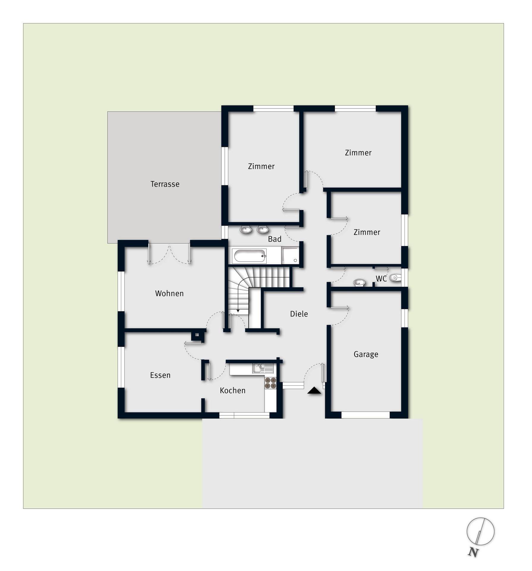 Grundriss des Erdgeschosses mit Wohn-, Ess- und Kochbereich, Zimmern, Bad, WC und Terrasse.