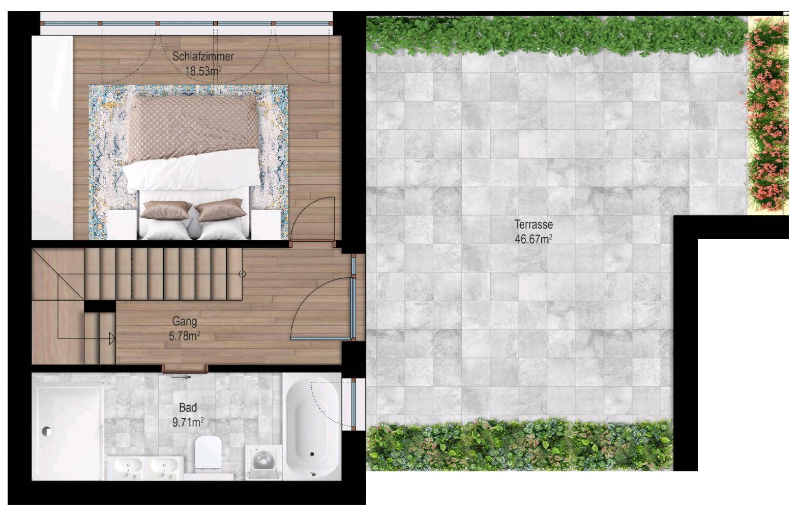 Grundriss des Dachgeschosses mit Hauptschlafzimmer, Bad und großer Terrasse.