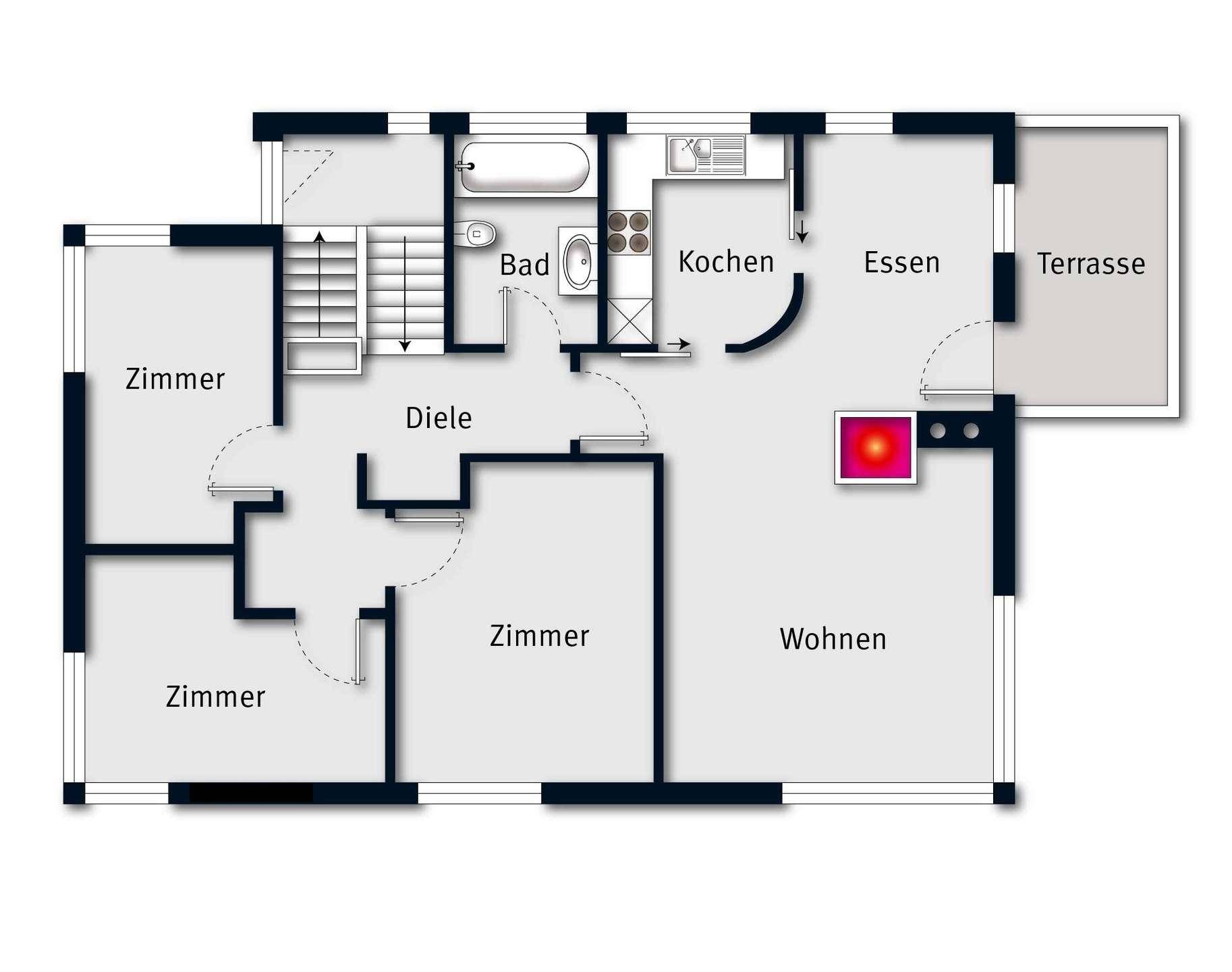 Grundriss des Erdgeschosses mit Wohnzimmer, Küche, Essbereich, drei Zimmern, Bad und einer Terrasse.