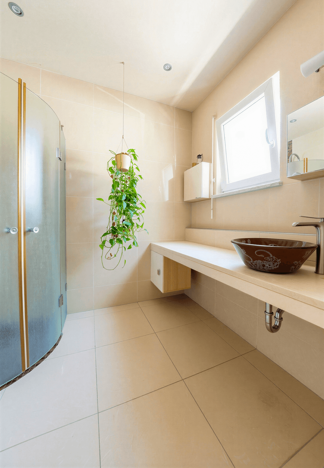 Helles Badezimmer mit runder Duschkabine, modernem Waschbecken und Fenster, sehr gepflegt.