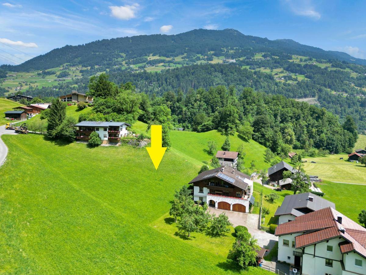 Luftaufnahme eines Hauses auf einem grünen Hang mit einem Pfeil, der auf ein Grundstück zeigt.
