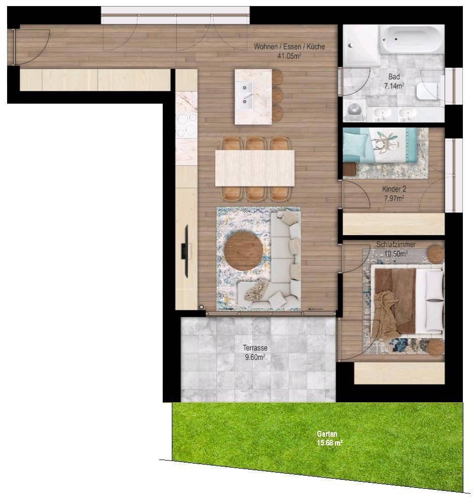 Detaillierter Grundriss einer Wohnung mit offenem Wohnbereich, Terrasse und Garten.