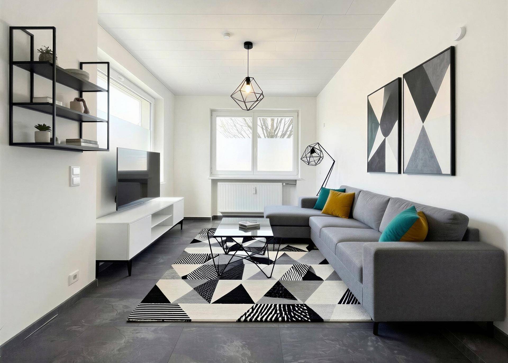 Modernes Wohnzimmer mit grauem Boden, Ecksofa und geometrischer Dekoration.