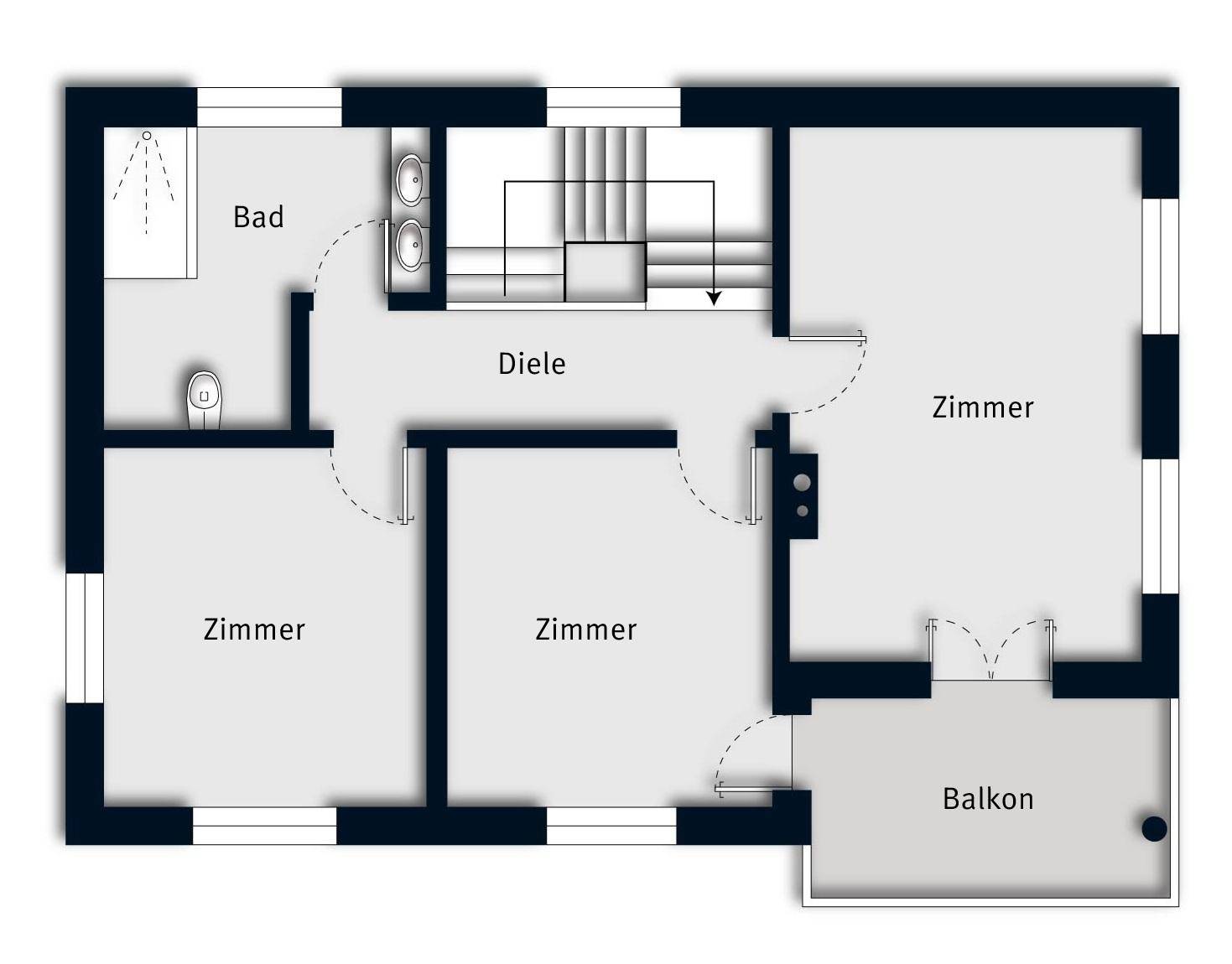 Grundriss des Obergeschosses mit drei Zimmern, einem Badezimmer und Zugang zu einem Balkon.