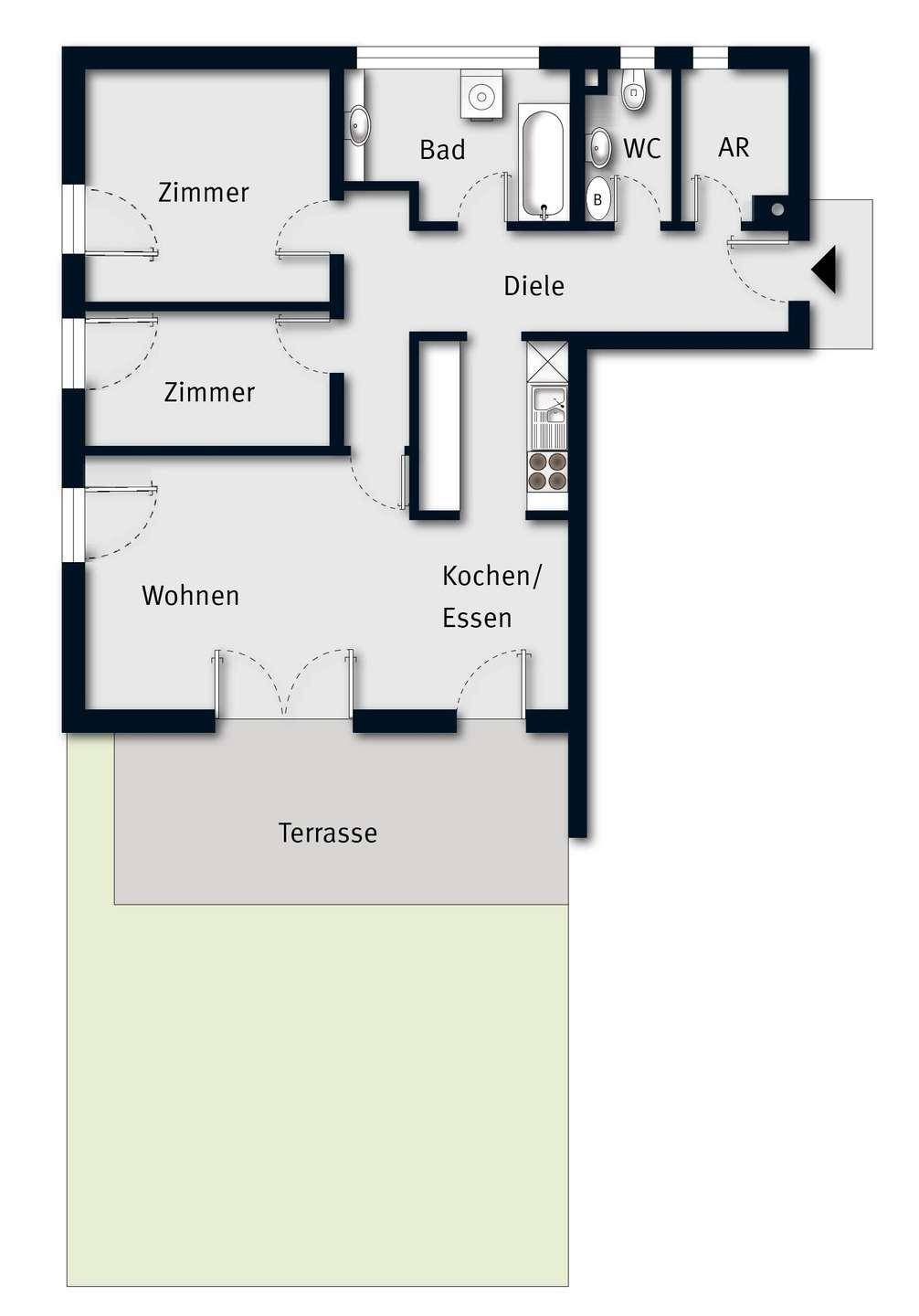 Grundriss der Wohnung mit offener Küche, drei Zimmern, Bad und großer Terrasse.