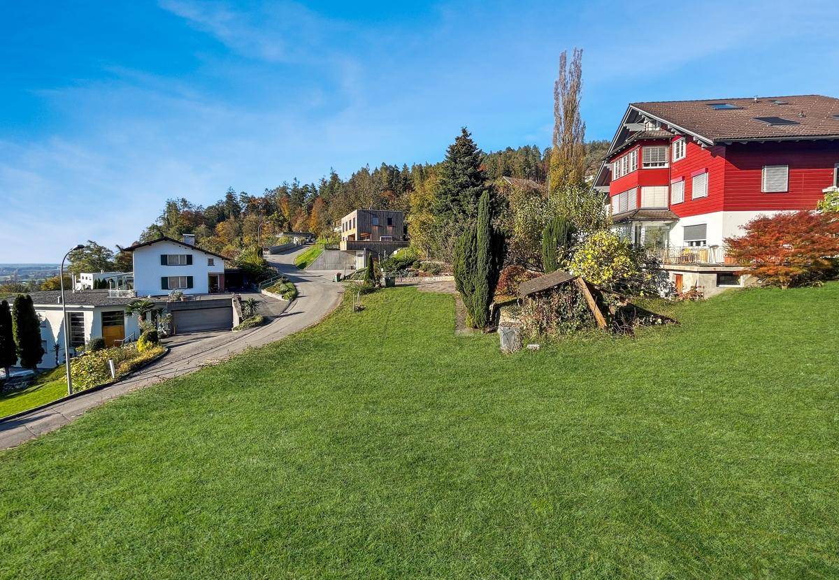 Grüne Hanglage mit einer kurvigen Straße, umgeben von Wohnhäusern und bewaldeten Hügeln.