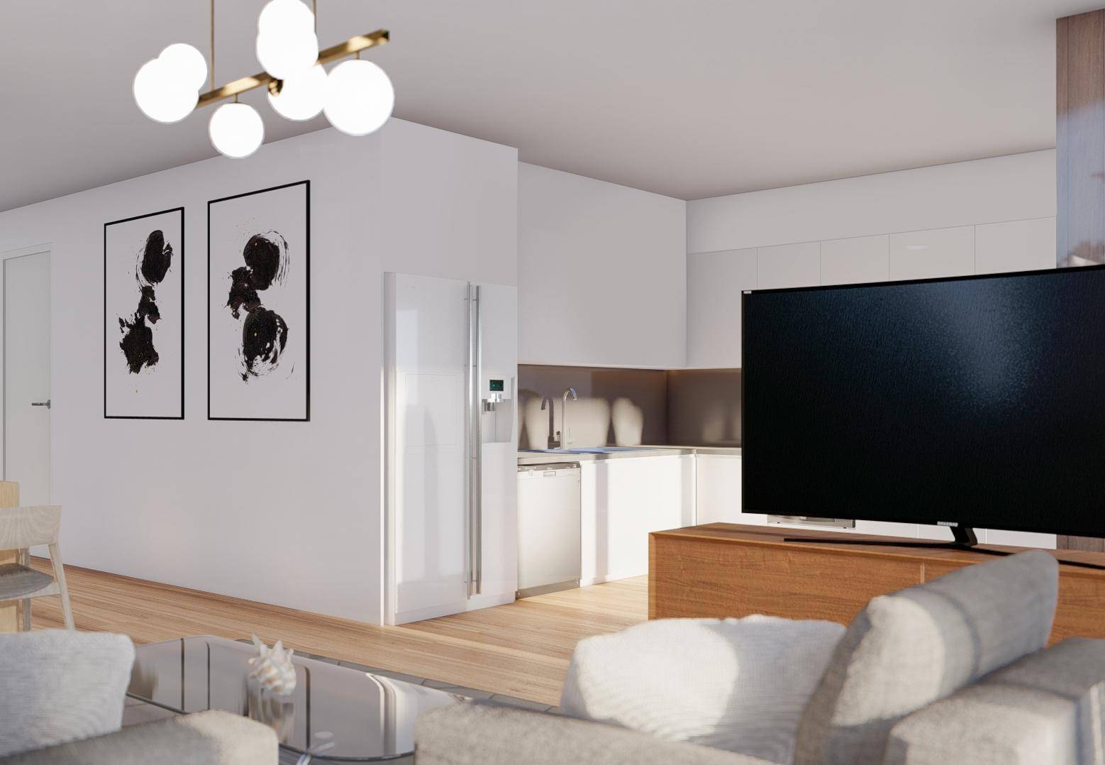 Modernes Wohnzimmer mit offener Küche, Holzboden und stilvoller Beleuchtung, ideal für geselliges Beisammensein.
