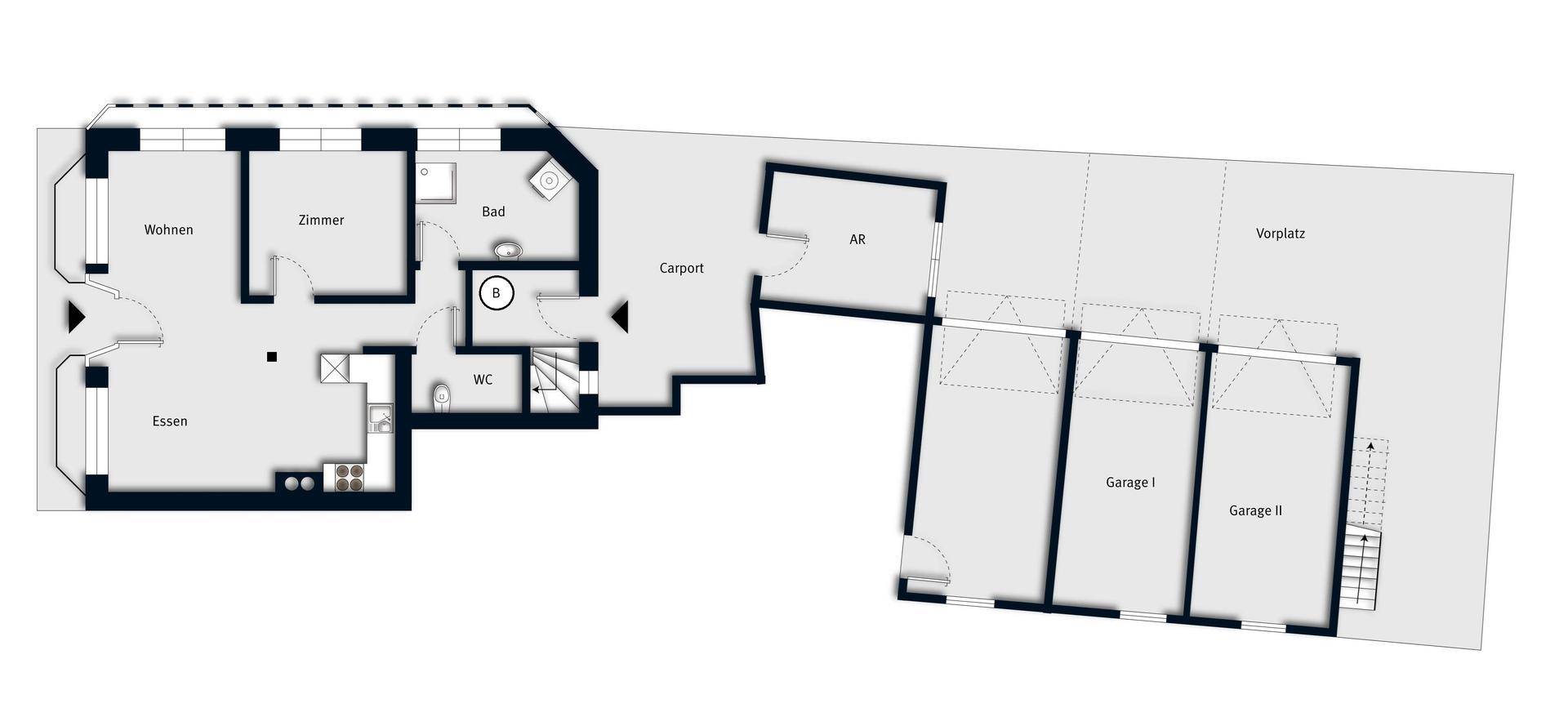 Grundriss des Erdgeschosses mit Wohnzimmer, Zimmer, Bad, WC, Carport und Garagen.