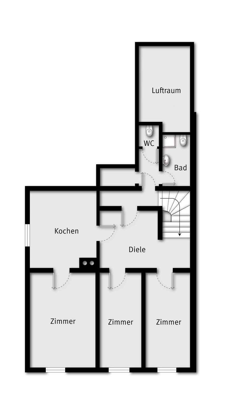 Grundriss des Obergeschosses mit drei Zimmern, Küche, Diele, Bad, WC und offenem Luftraum.