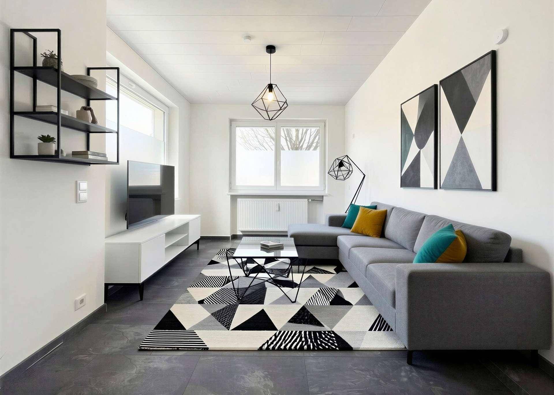 Modernes Wohnzimmer mit grauem Ecksofa, geometrischem Teppich und stilvoller Dekoration.