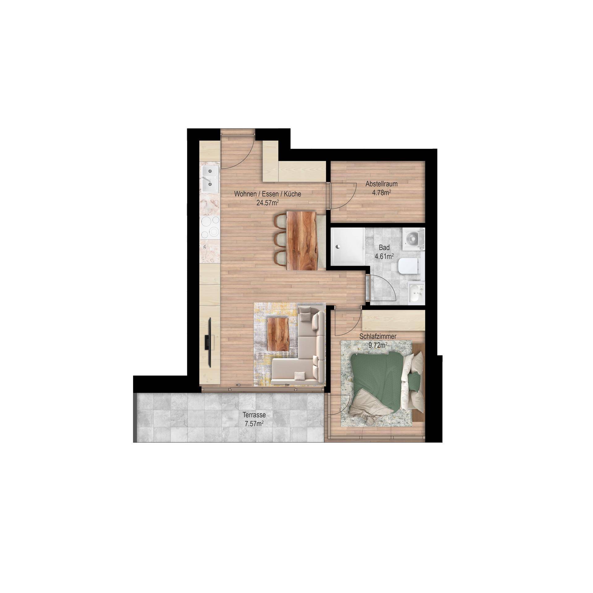 Grundriss einer Wohnung mit offenem Wohnbereich, Schlafzimmer, Abstellraum und Terrasse.