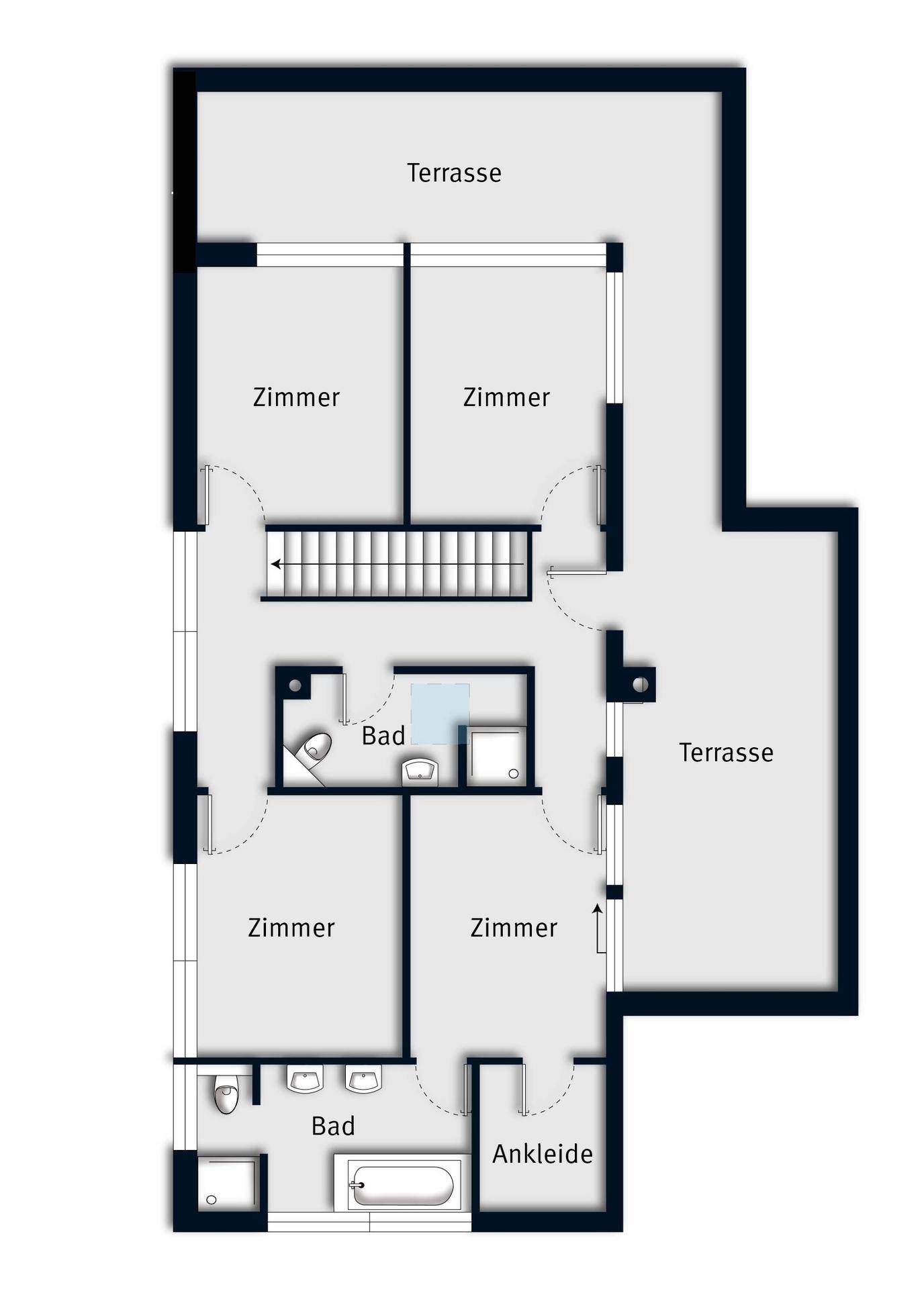 Grundriss des Obergeschosses mit mehreren Zimmern, Bädern und einer weiteren Terrasse.