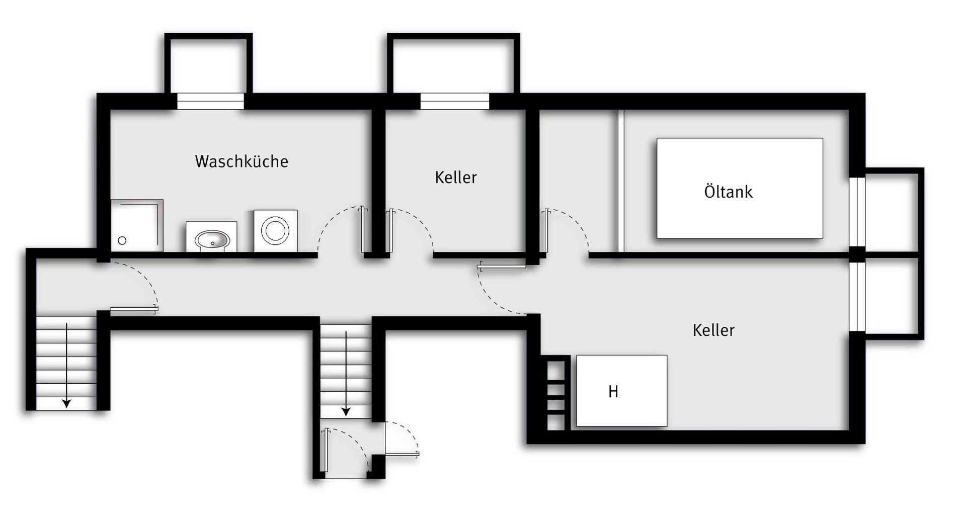 Grundriss des Kellergeschosses mit Waschküche, mehreren Kellerräumen und einem Öltank.