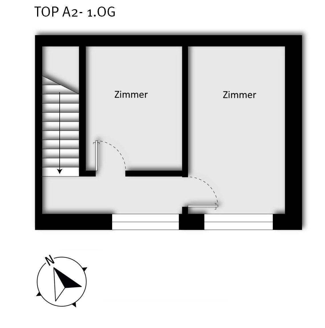 Grundriss der Wohnung A2 im ersten Obergeschoss mit zwei Zimmern und Treppenaufgang.