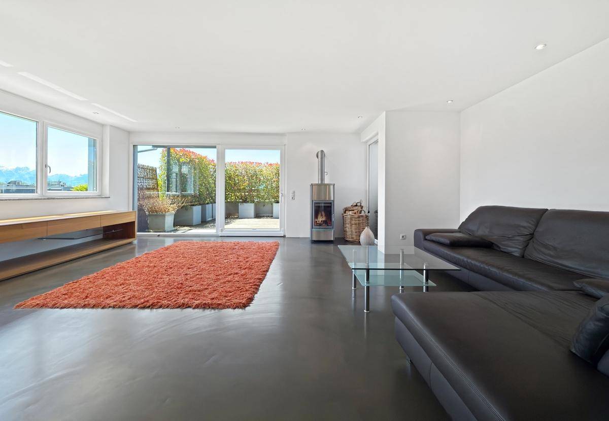 Helles Wohnzimmer mit dunklem Sofa, Kaminofen, rotem Teppich und Zugang zur Terrasse.