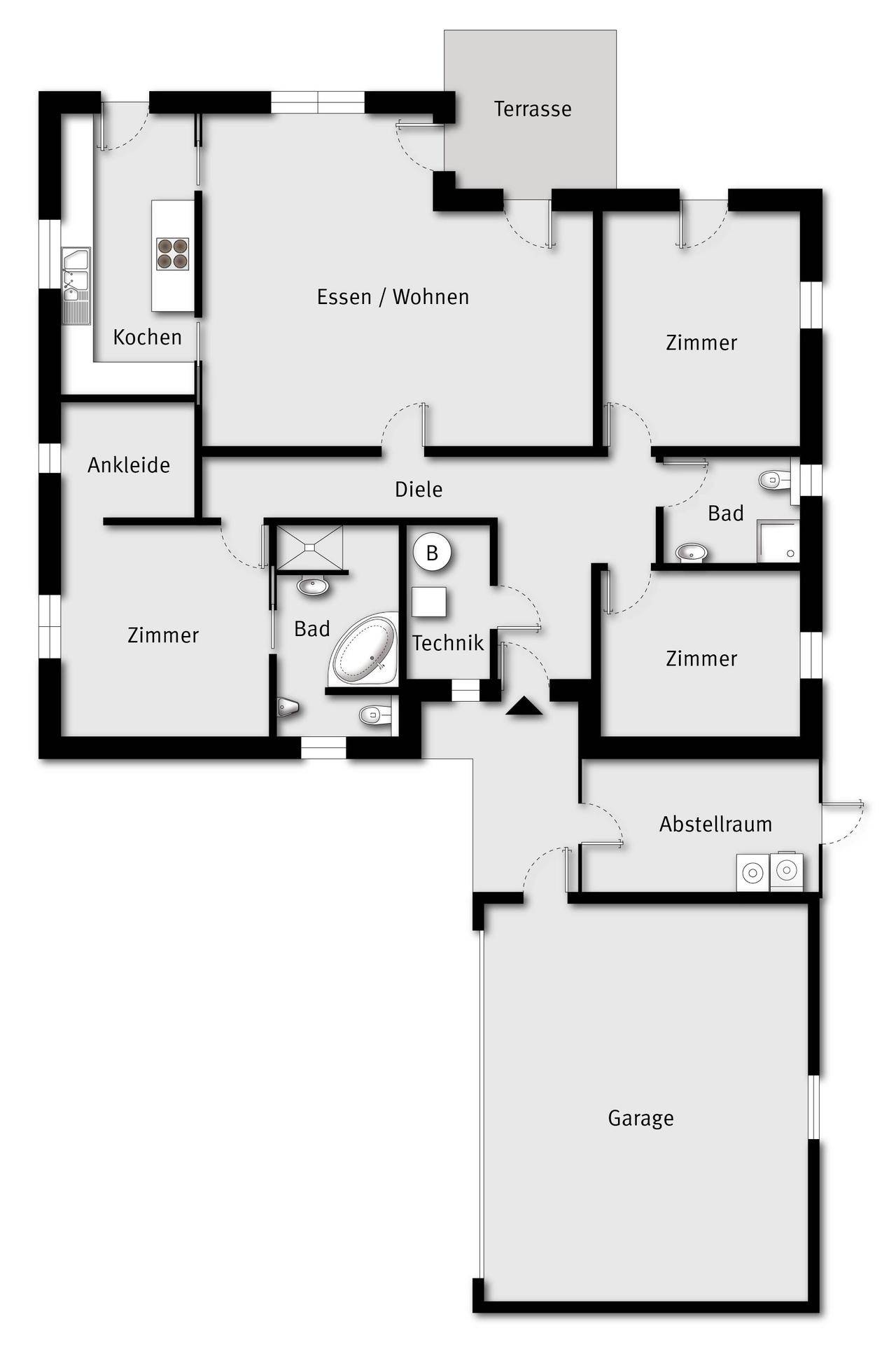 Grundriss zeigt ein Haus mit offenem Wohn-Essbereich, separater Küche, mehreren Zimmern, zwei Bädern, Ankleide, Terrasse und Garage.
