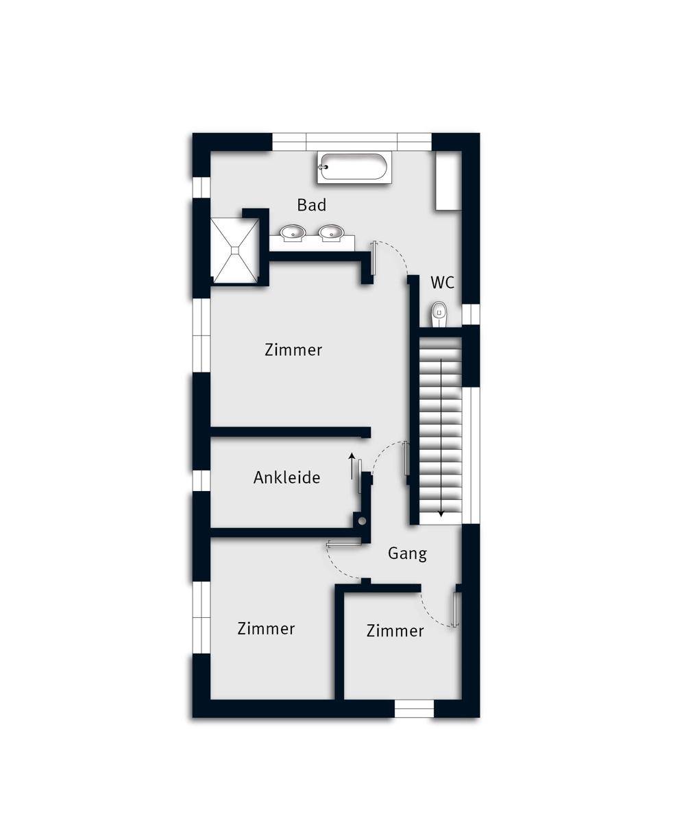 Grundriss des Obergeschosses mit drei Zimmern, Ankleide, Bad und separatem WC.