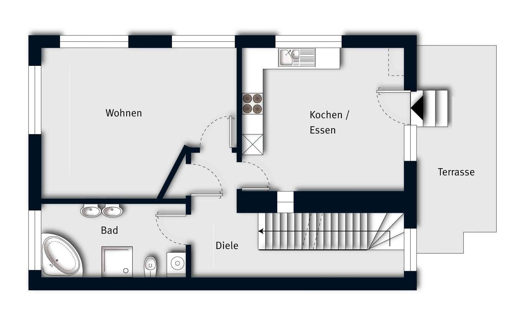 Grundrissplan mit offenem Wohn-Essbereich, Küche, Bad und Zugang zur Terrasse.