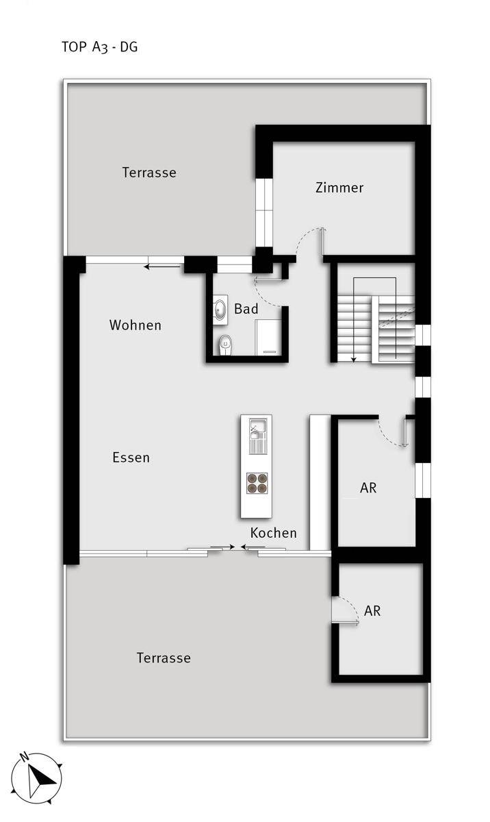 Grundriss der Wohnung A3 im Dachgeschoss mit Wohn-Essbereich, Küche, Zimmer, Bad und zwei Terrassen.