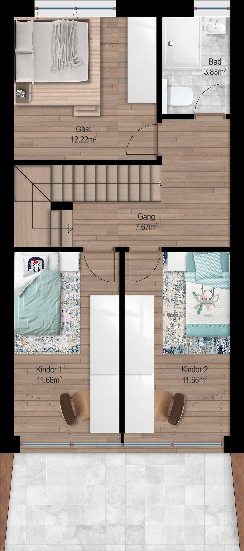 Grundriss des ersten Obergeschosses mit drei Schlafzimmern und einem Badezimmer.