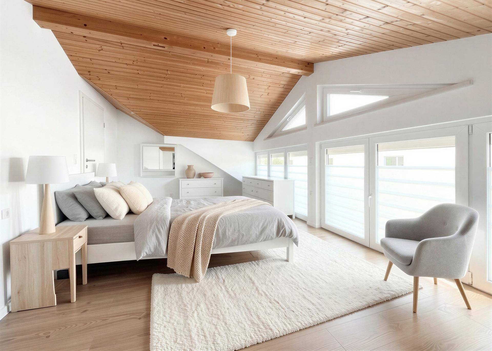 Helles Schlafzimmer mit Holzbalkendecke, großen Fenstern und modernem Design.