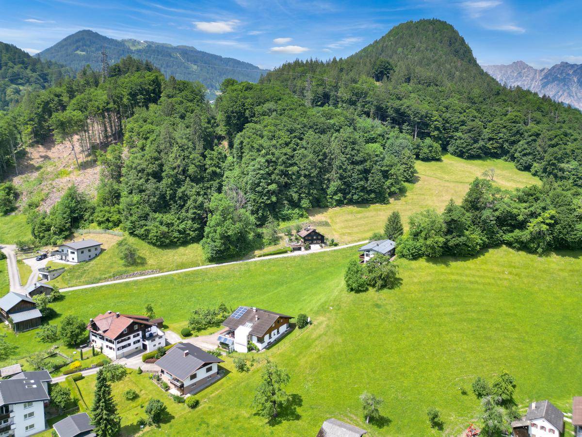 Luftaufnahme von Häusern auf grünen Hügeln, umgeben von dichten Wäldern und majestätischen Bergen.