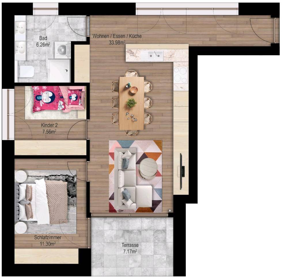 Detaillierter Grundriss einer Wohnung mit offenem Wohnbereich, zwei Schlafzimmern und einer Terrasse.
