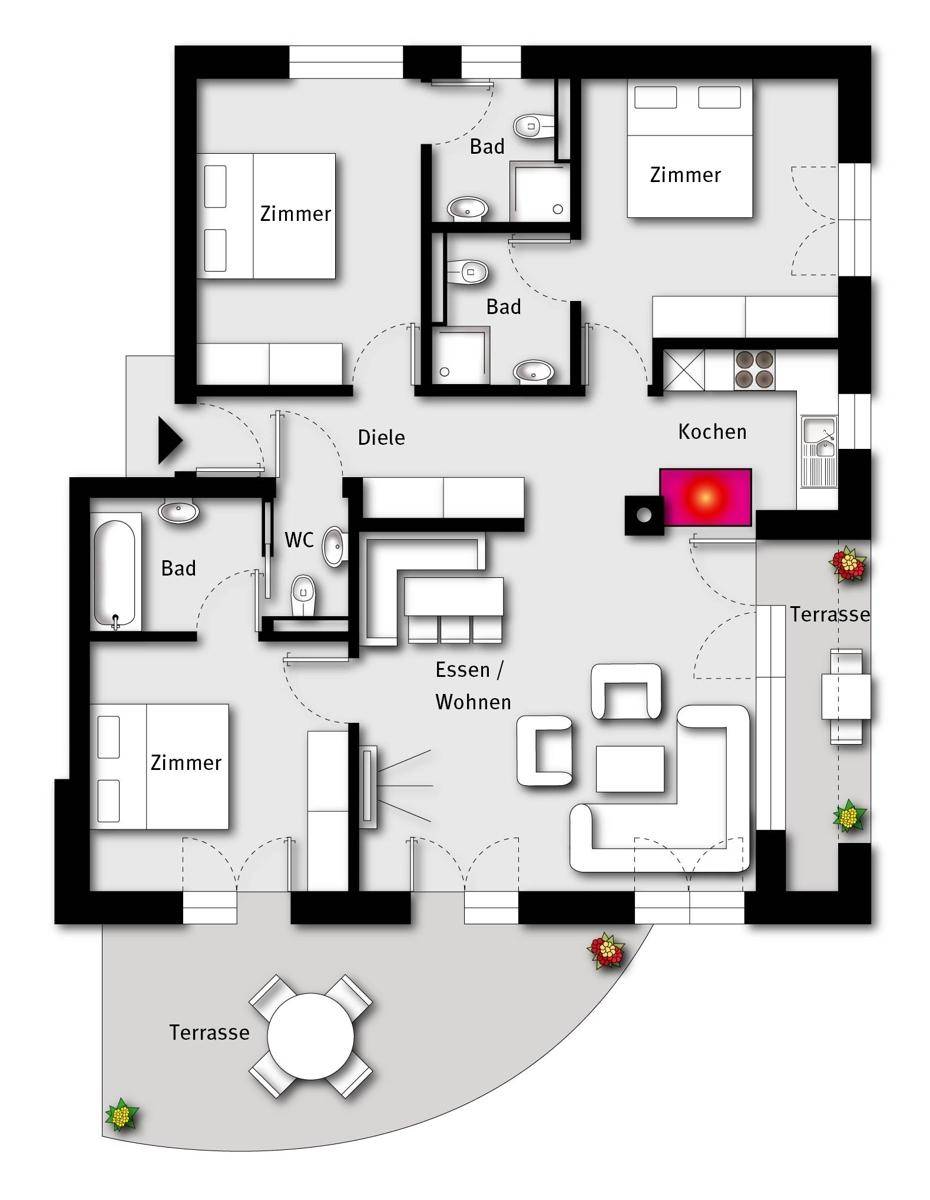 Grundriss einer Wohnung mit drei Zimmern, zwei Bädern, WC und zwei Terrassen.