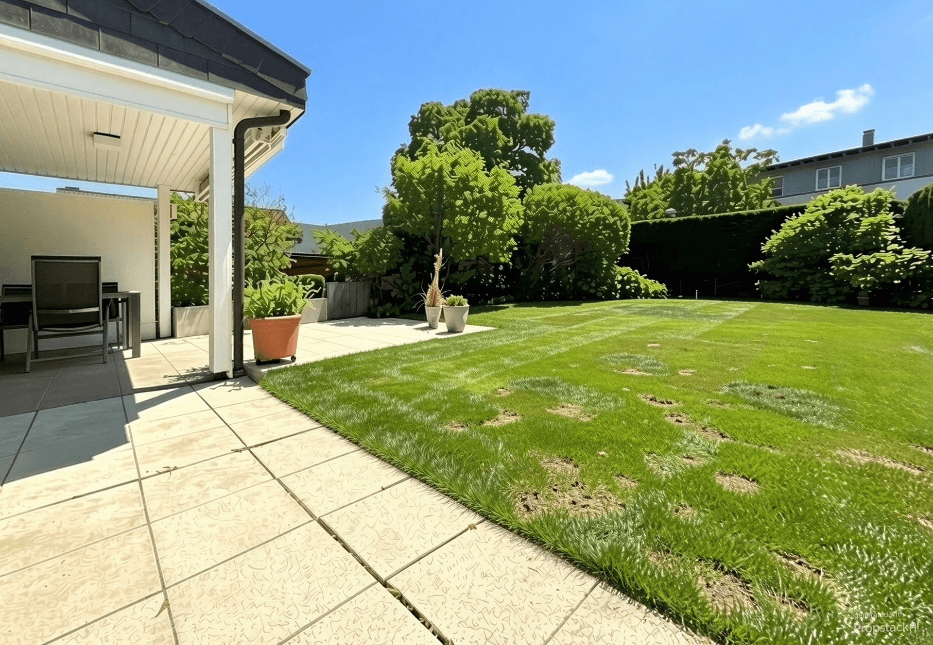 Gepflegter Garten mit Rasenfläche und großer Terrasse, ideal für Entspannung im Freien.
