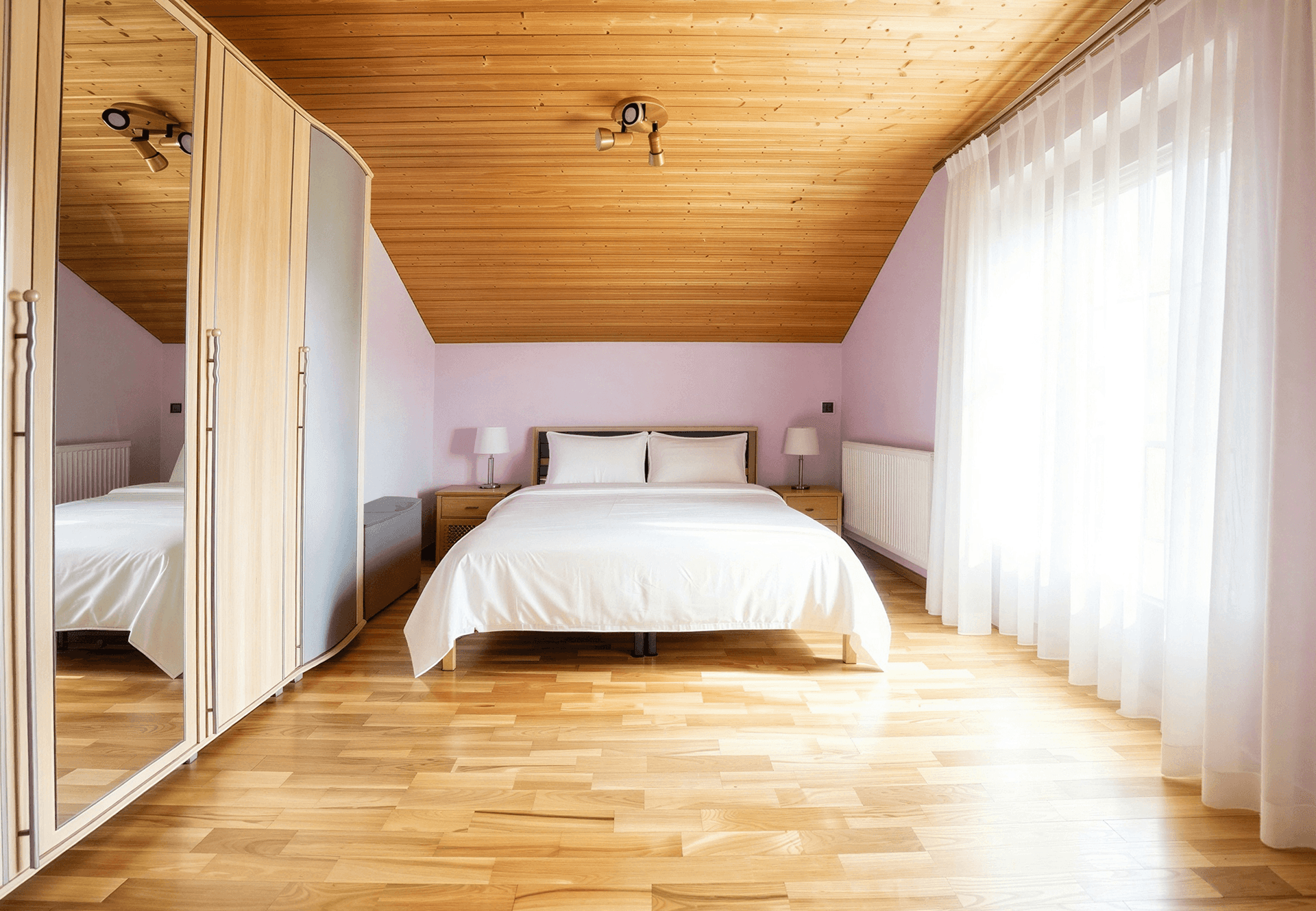 Gemütliches Schlafzimmer im Dachgeschoss mit Holzdecke, Parkettboden und großem Kleiderschrank.